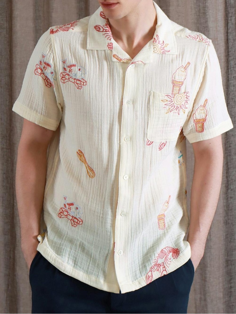 Far Afield Stachio Summer Menu Lobster Umbrella Summer Shirt White Size Large